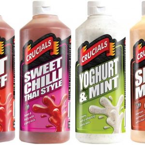 Crucials Sauce Spicy Bundle - 4 x 500ml Bottles (Hot Stuff, Sweet Chilli Thai, Yoghurt & Mint & Spicy Mayo)